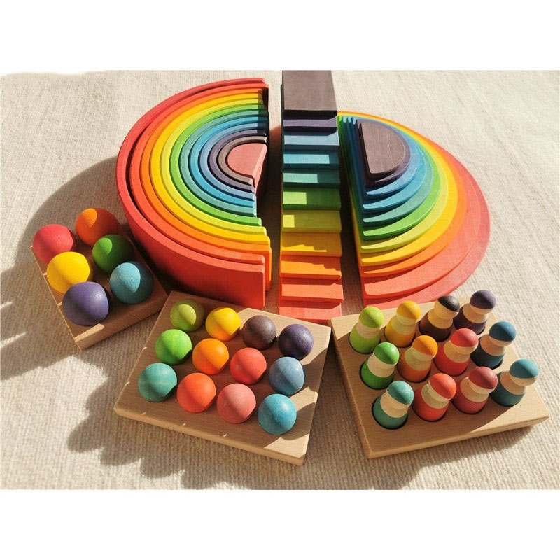 High Quality Wooden Toys Lime Wood Rainbow Arch Stacking Blocks Building Semi Color Sorting Peg Dolls Balls Slat for Kids Play Luhuai CVC