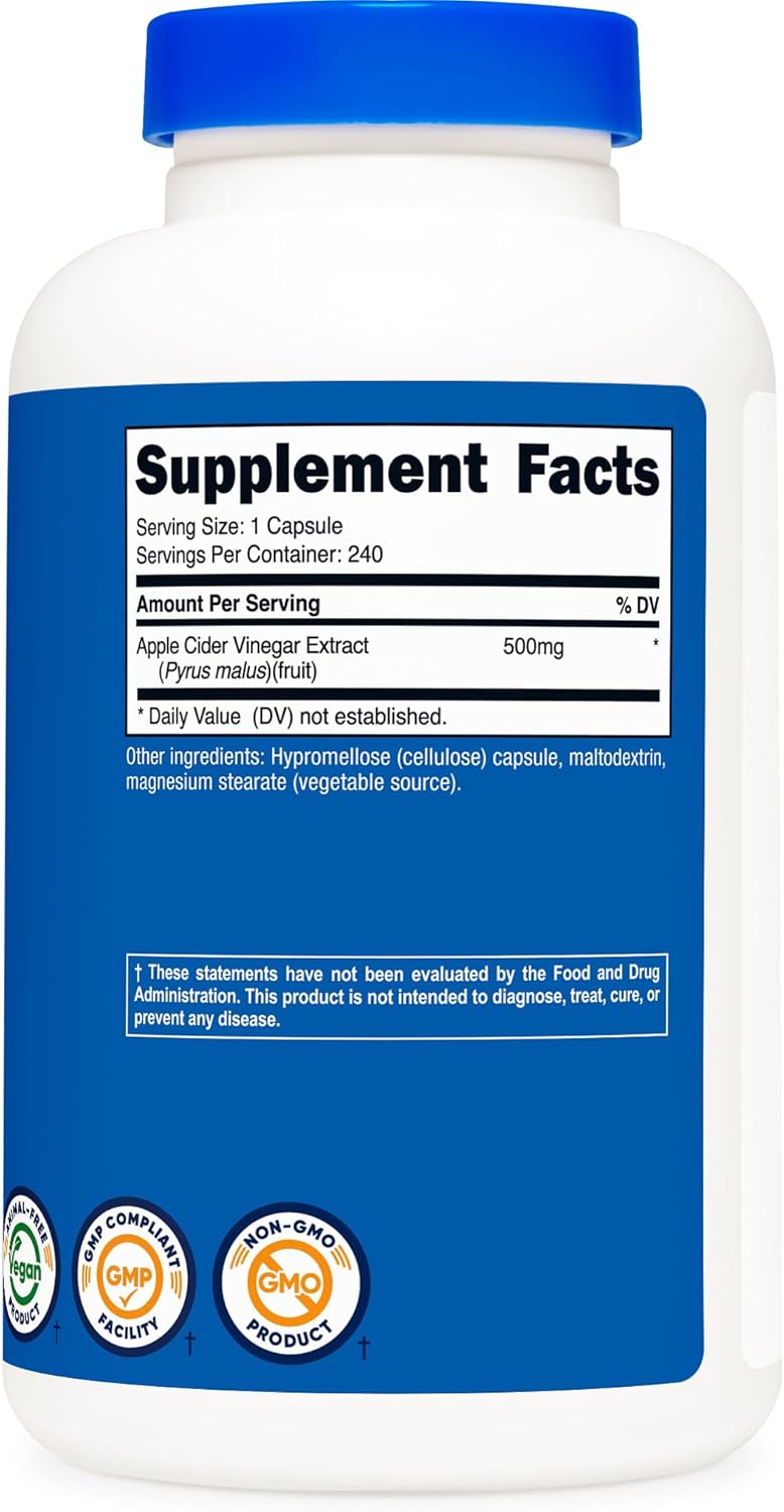 Nutricost Apple Cider Vinegar Capsules 500mg, 240 Vegetarian Capsules - Natural, Vegetarian, GMP, Non-GMO and Gluten Free. 