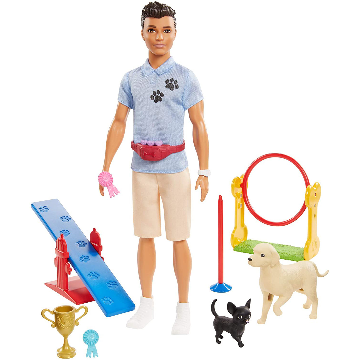 Barbie Ken Dog Trainer Doll with Accessories and 2 Dogs Figures, Hoop Ring, Balance Bar, Jumping Bar, Trophy and 2 Winner Ribbon. 
