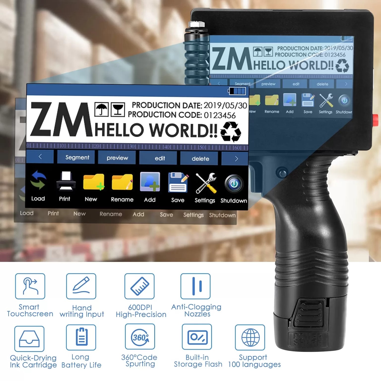 Handheld Inkjet Printer with Fast-Drying Ink Cartridge 4.3 Inch LED Touch Screen 2-12.7mm printing Text | QRCode | Barcode | Batch Number | Label | Image | Date Printer for Any Surface. 