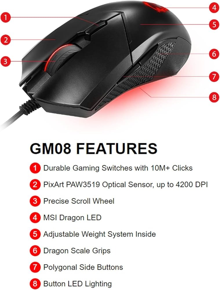 MSI Clutch GM08 Gaming Mouse, 4200 DPI, Optical Sensor, 3 Adjustable Weights, Red LED Lighting, Symmetrical Design, Black. 