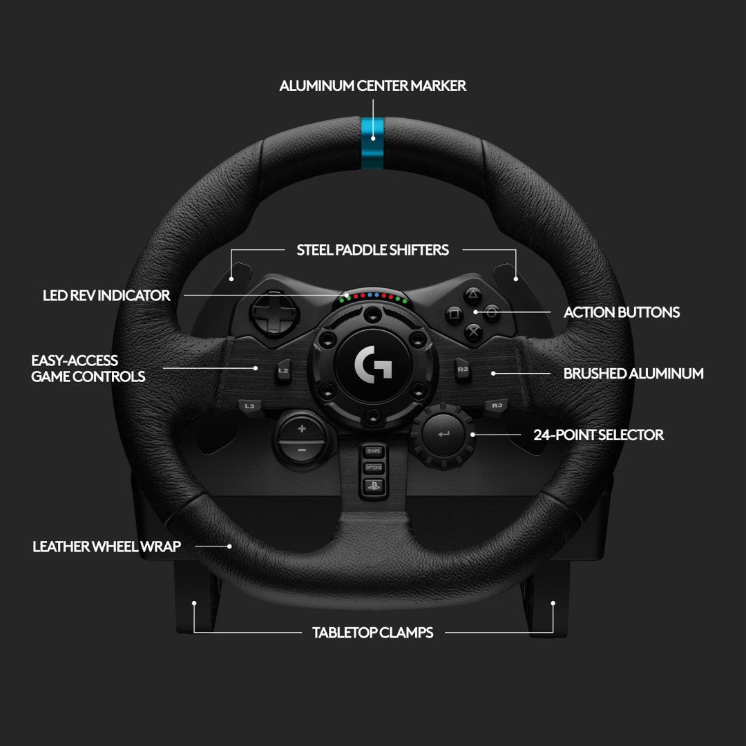 Logitech G923 Racing Wheel and Pedals, TRUEFORCE Feedback, Responsive Driving Design, Dual Clutch Launch Control, Genuine Leather Steering Wheel Cover, for PS5, PS4, PC, Mac. 