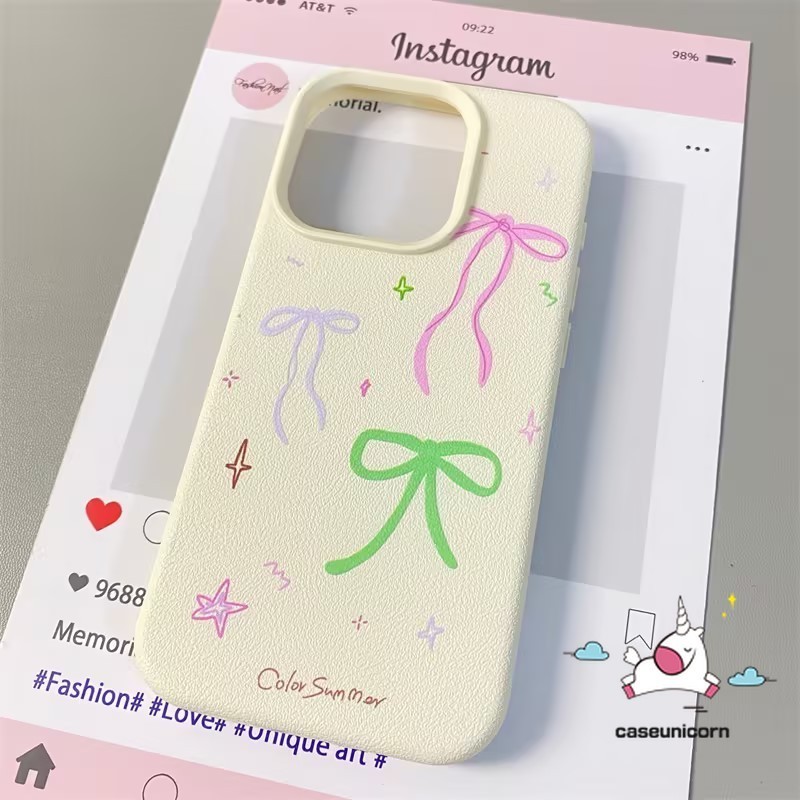 Cartoon Retro Colorful Bow Case Compatible for IPhone 15 12 13 11 14 16 Pro Max XR X 15 14 16 Plus XS Max Creative Cute Graffiti Painting Luxury Leather Texture Skin Feel Soft Case. 