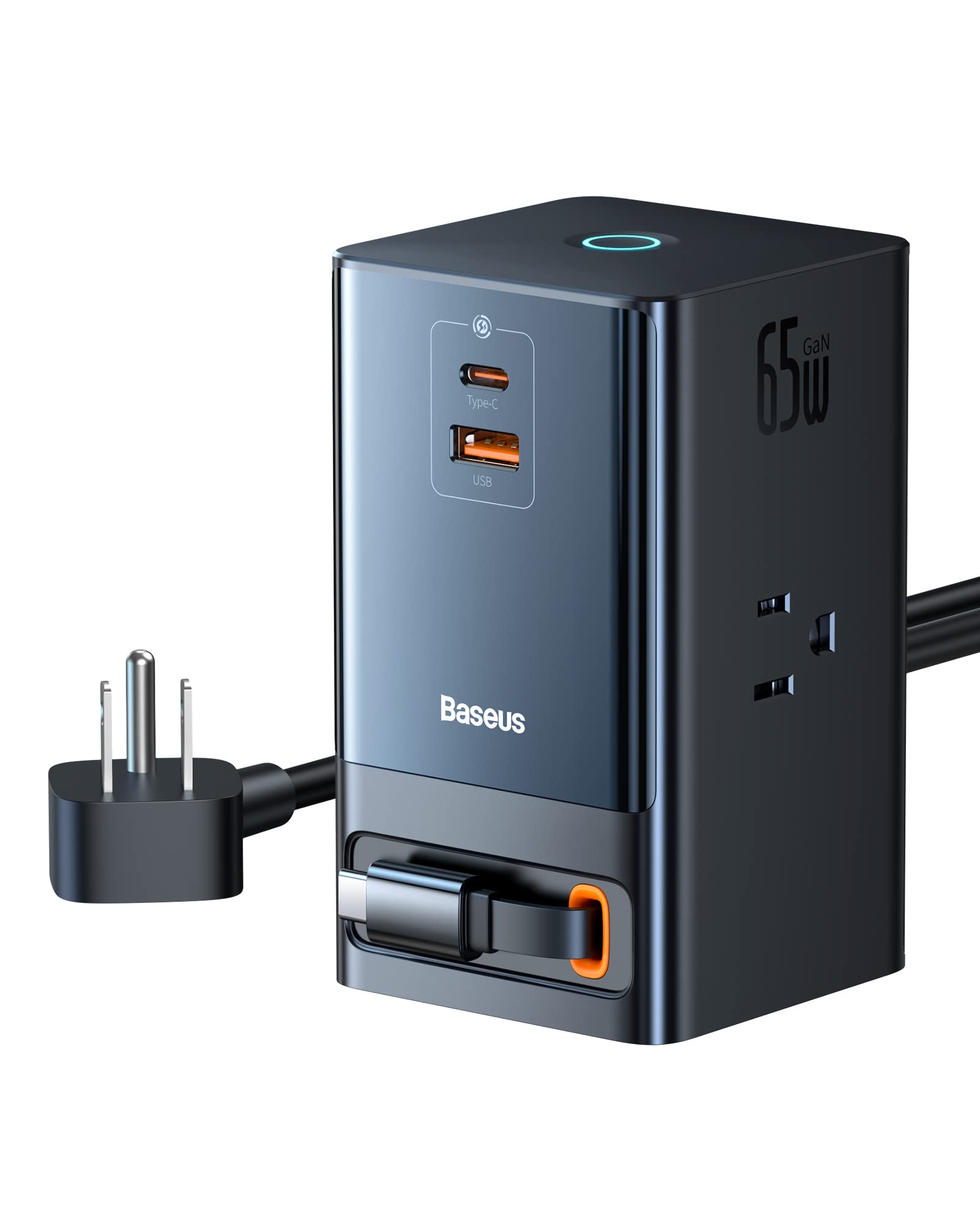Baseus GaN Charger Gan5 Pro Power Combo Digital Power Strip 3AC 1U 1C Retractable-C 65W with 1.5m power cord CN Black. 