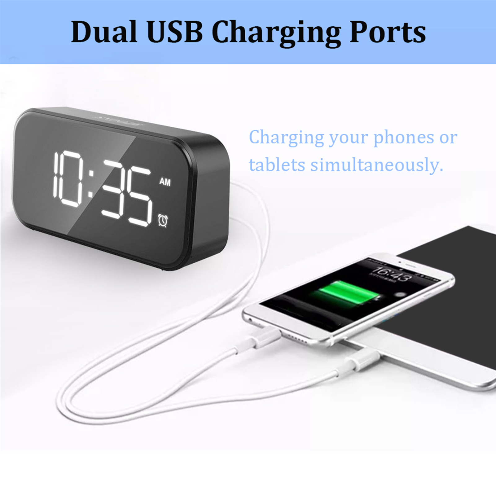 【3C VictoryEagle】White Digital Alarm Clock with USB Port for Charging Adjustable Brightness Dimmer Display 12/24Hr Snooze Adjustable Alarm Volume Small Desk Bedroom. 