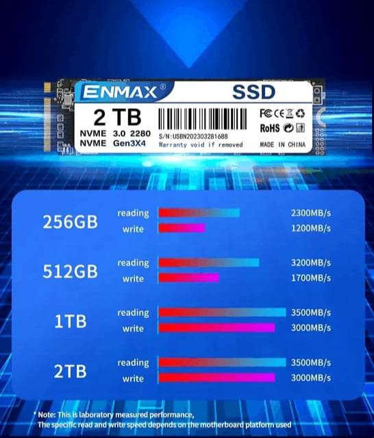 512 GB ENMAX SSD NVME M2  512GB - 1 TB  M.2 2280 PCIe 3.0 Hard Drive Disk Internal Solid State Drive For Laptop -Desktop- Notebook with 3 years warranty. 