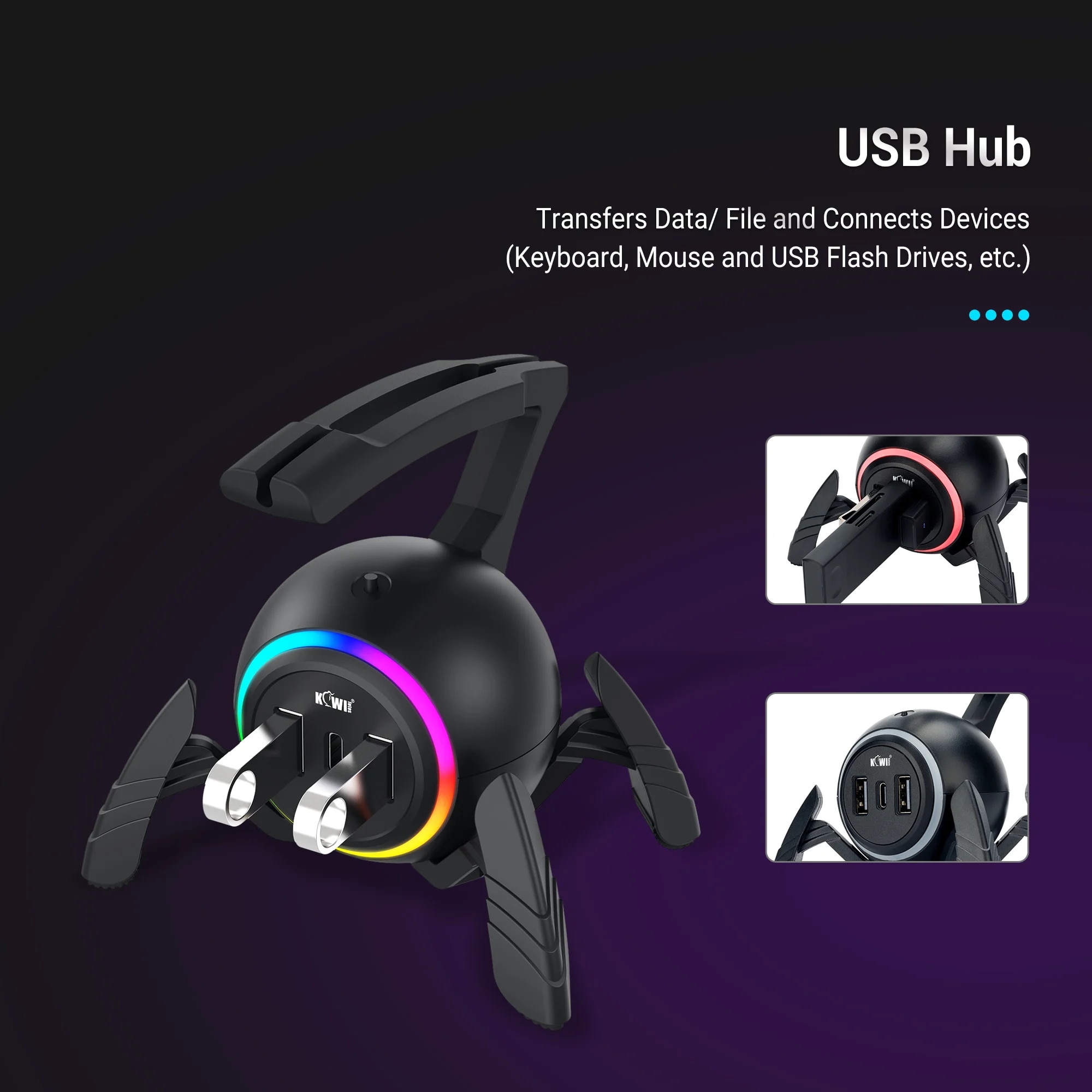 Gaming Mouse Bungee Cable Winder Organizer Flexible Mouse Bungee Cord Holder With 2 USB 2.0 port+1 Type-C port for Data Transfer. 