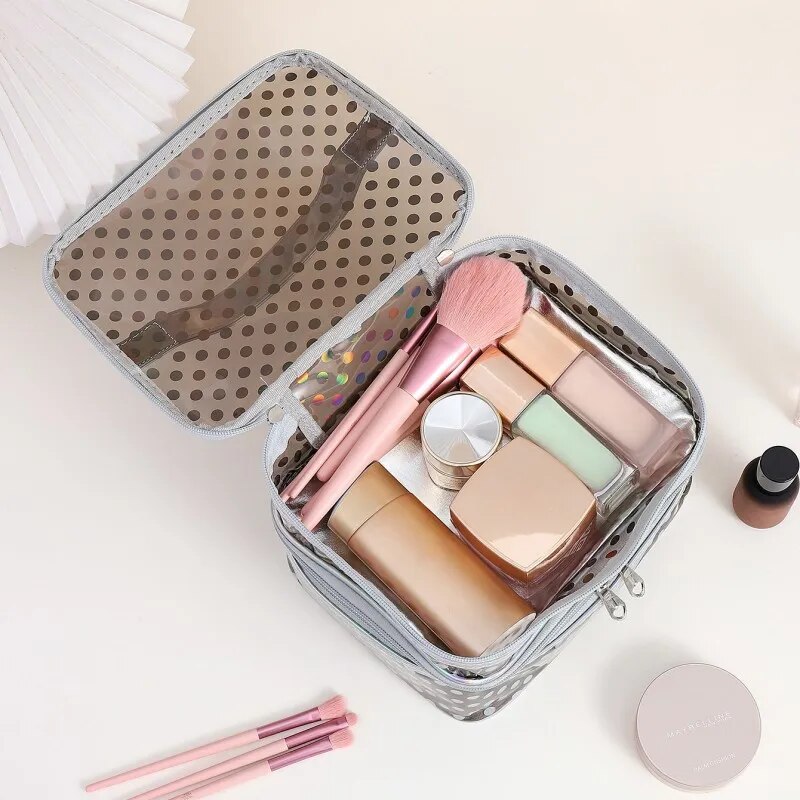 Polka dot transparent PVC double layer makeup bag Multi-functional portable waterproof makeup case large capacity travel storage. 