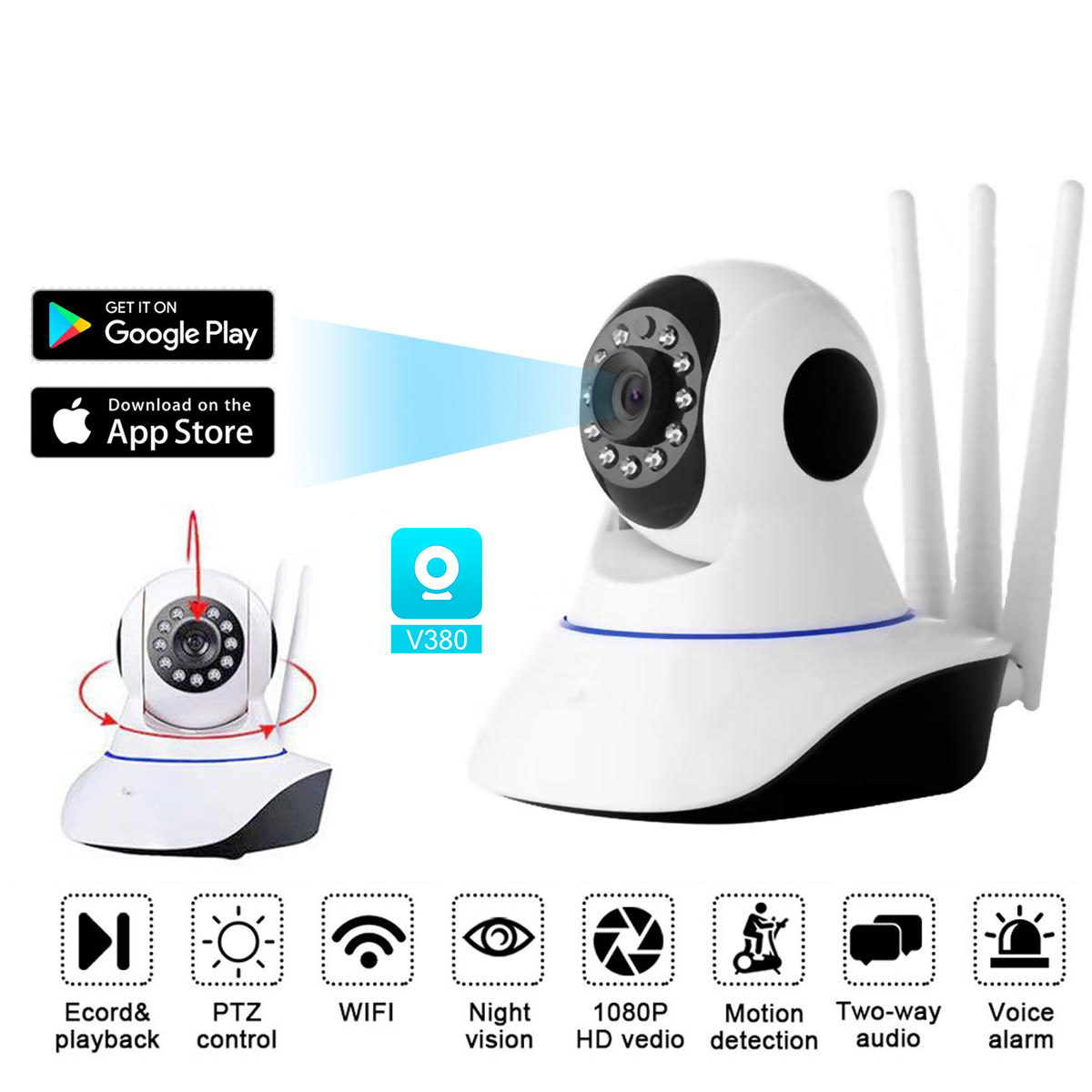 V380 PTZ Camera with 3 Antennas: Wireless WiFi IP CCTV Camera for Remote Monitoring and Peace of Mind. 