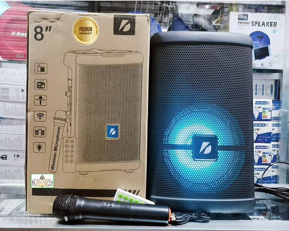 Rechargeable, portable, karaoke bluetooth speaker with remote and wireless microphone. 