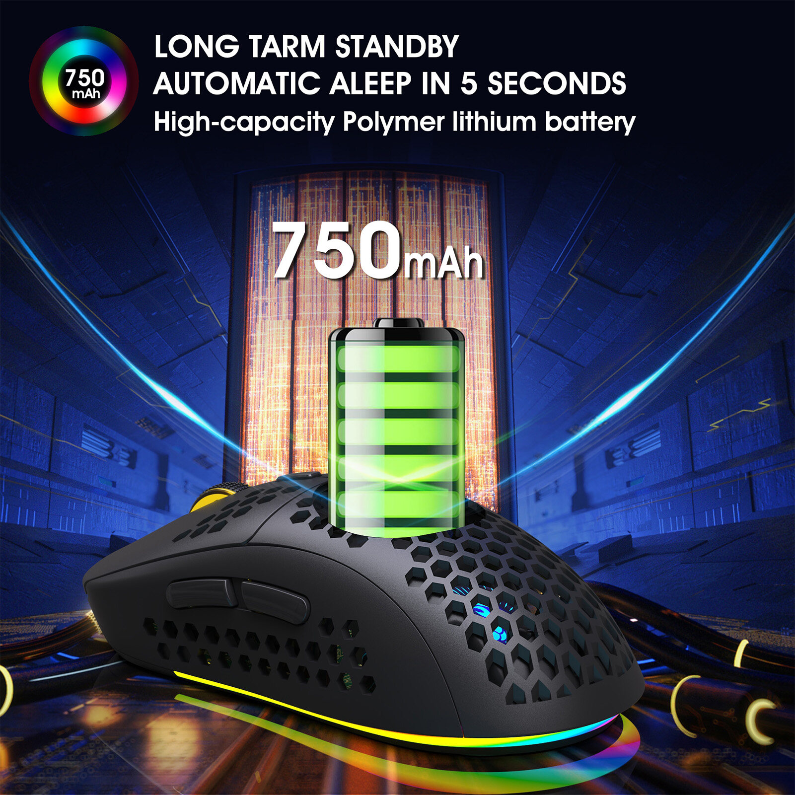 HXSJ T90 3 Modes BT 3.0 + 5.0 + 2.4G  Chargable RGB Lighting Color Mouse Mice for Game Office with Adjustable 800-3200 5 Level DPI. 