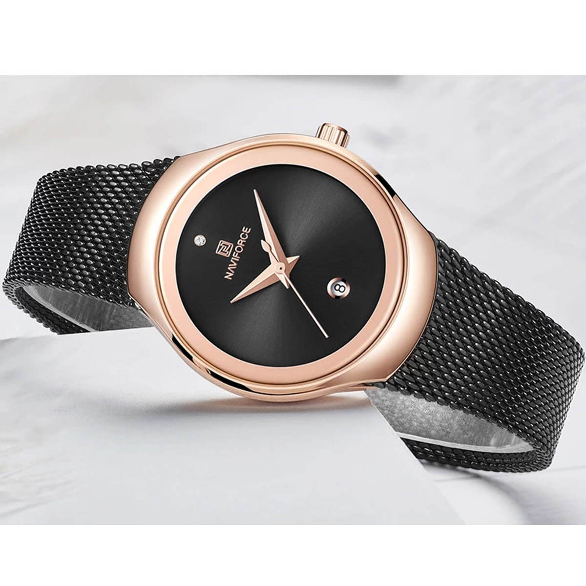 NAVIFORCE NF5004 Black Mesh Stainless Steel Analog Watch For Women - RoseGold & Black