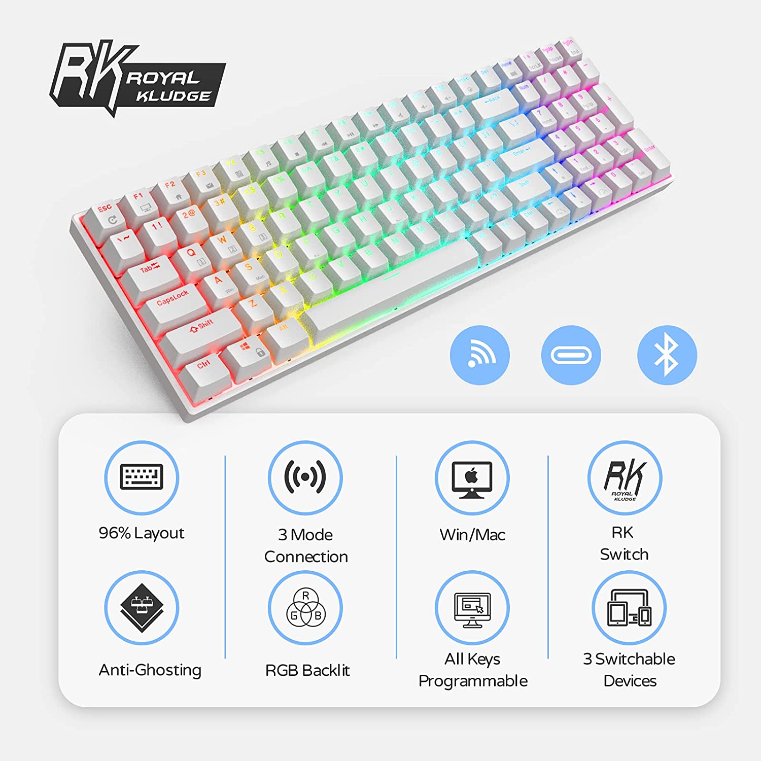 Royal Kludge RK100 Tri Mode Hotswappable Wireless Gaming Keyboard (SWITCH-BROWN,RED,BLUE) ll  plug and play with computer or xbox or console.. 