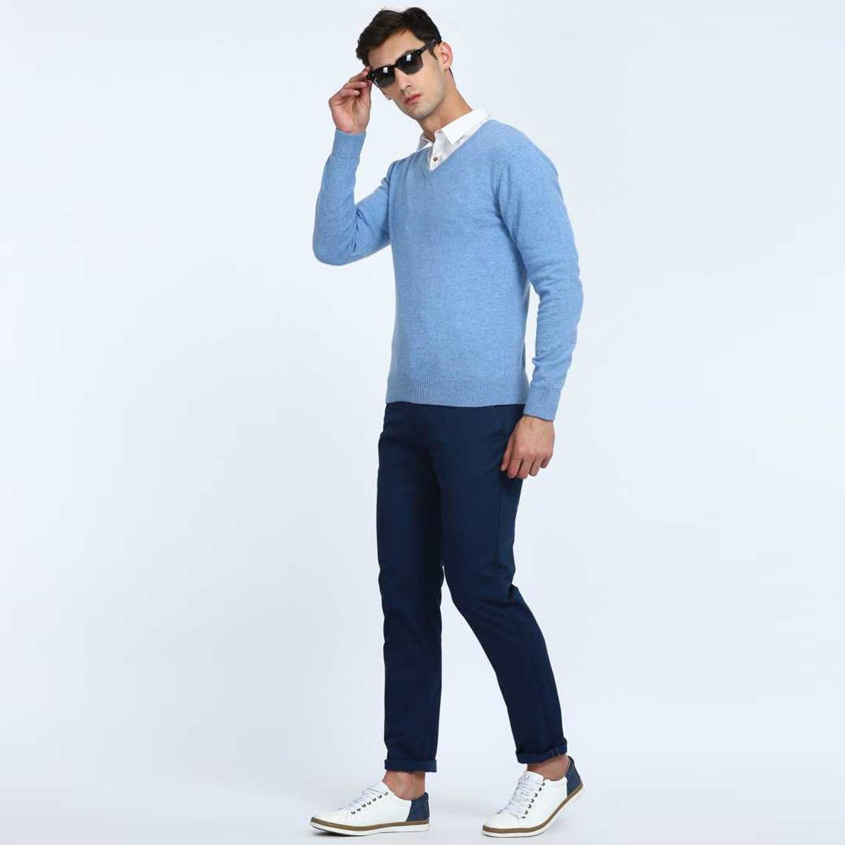 Sky Blue Wool Long Sleeve Sweater For 