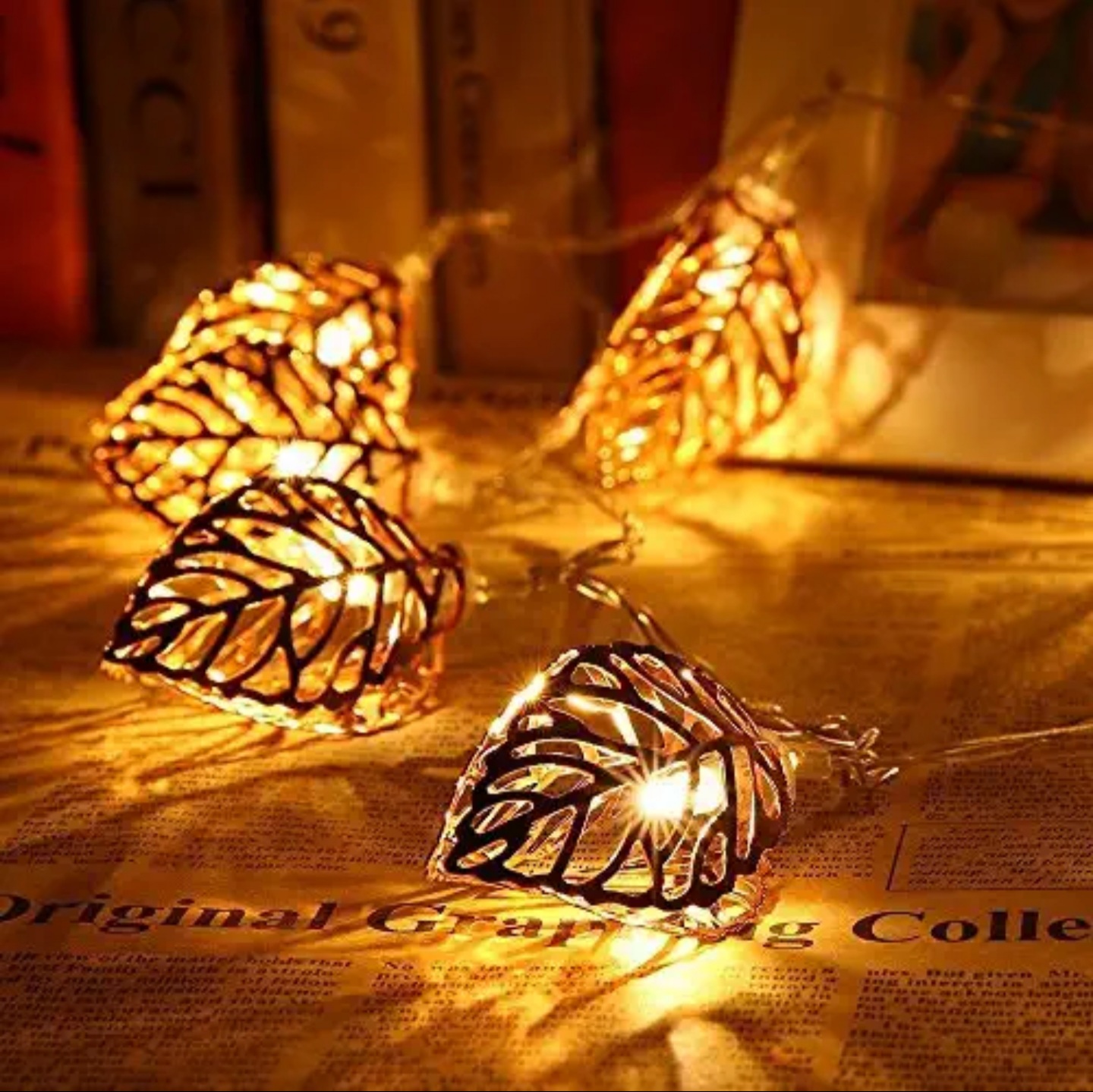 Metal Fairy light 3d leaf shape golden color current driven pieces set - Light Decoration