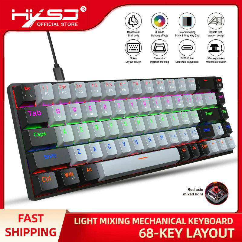 HXSJ V800 Wired Mechanical Keyboard 68 Keys RGB Gaming Keyboard with Detachable Type-C Cable ABS Keycap (Red Switches)
