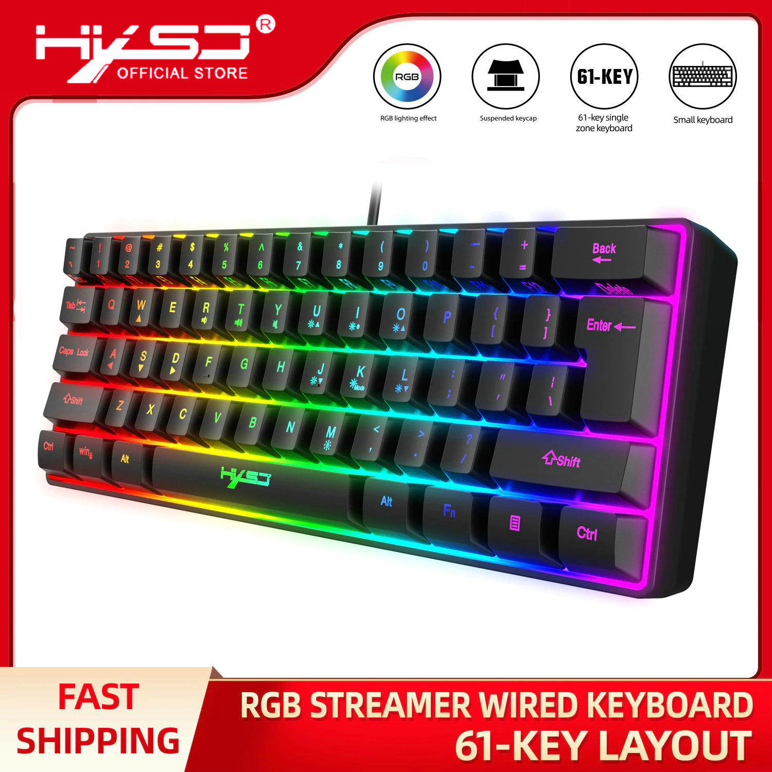 HXSJ V700 Wired Gaming Keyboard RGB Streamer Wired 61-key Gaming Keyboard for Game Office Black. 
