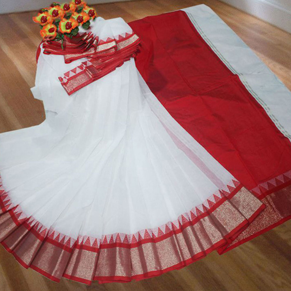 white And Red Exclusive Design Tangail Tat Cotton Saree For Women, MSF-SKU-014