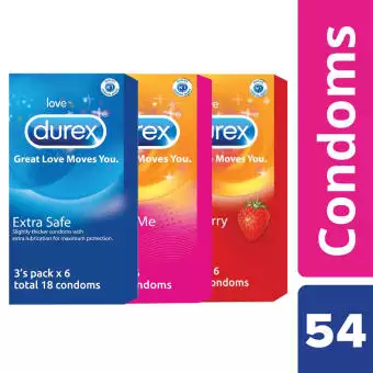 Durex Mix It Up Assorted Condoms Full Box Combo | 3 Box | 54Pcs | Extra Safe | Pleasure Me | Strawberry. 