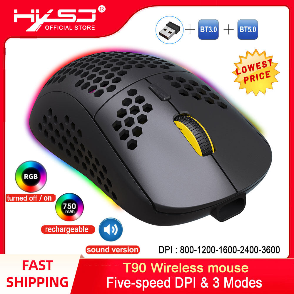 HXSJ T90 3 Modes BT 3.0 + 5.0 + 2.4G  Chargable RGB Lighting Color Mouse Mice for Game Office with Adjustable 800-3200 5 Level DPI