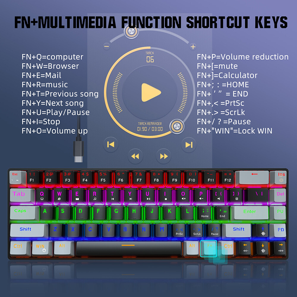 HXSJ V800 Wired Mechanical Keyboard 68 Keys RGB Gaming Keyboard with Detachable Type-C Cable ABS Keycap (Red Switches). 