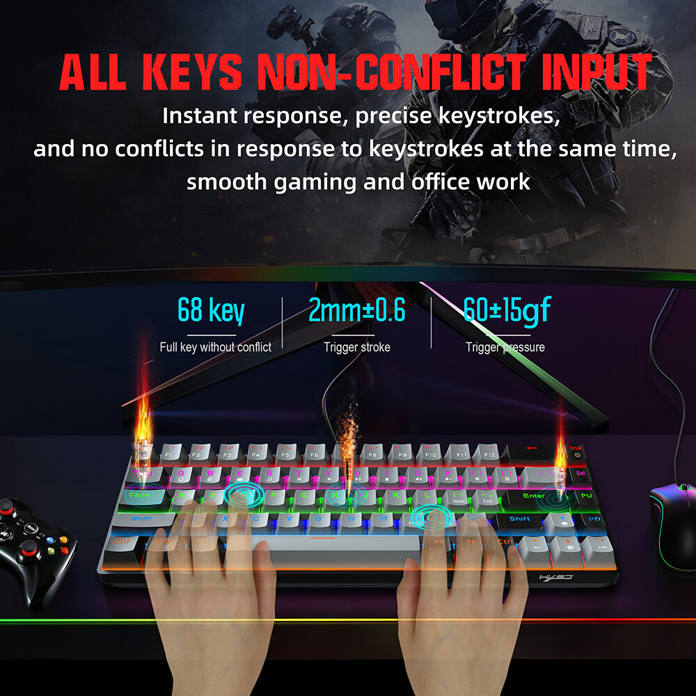 HXSJ V800 Wired Mechanical Keyboard 68 Keys RGB Gaming Keyboard with Detachable Type-C Cable ABS Keycap (Red Switches). 