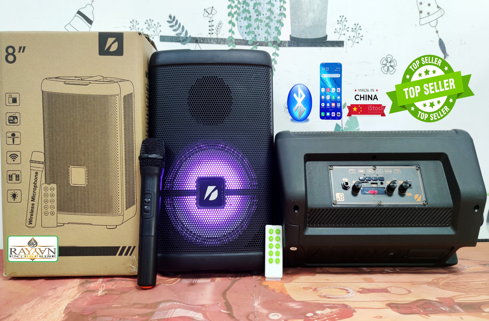 Rechargeable, portable, karaoke bluetooth speaker with remote and wireless microphone. 