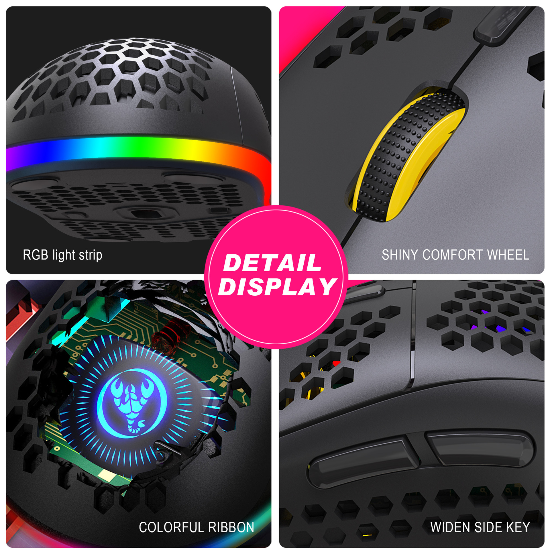 HXSJ T90 3 Modes BT 3.0 + 5.0 + 2.4G  Chargable RGB Lighting Color Mouse Mice for Game Office with Adjustable 800-3200 5 Level DPI. 